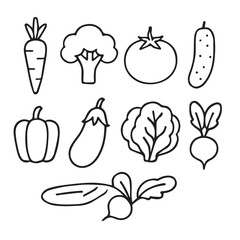 Vegetable outline vector icons set carrot, broccoli, tomato, cucumber, bell pepper, eggplant, lettuce, radish – minimal modern line style.