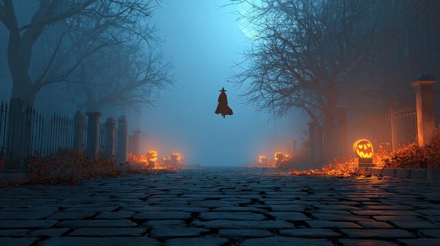 A witch flying over a cobblestone path lined with jack o lanterns in a foggy halloween night scene