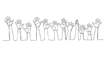 Continuous line drawing of multiple hands raised in the air, symbolizing unity, participation, or a collective group effort.