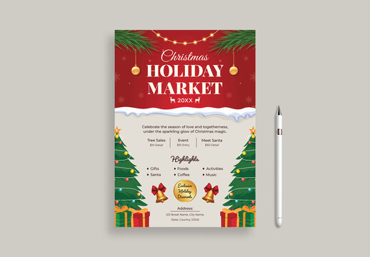 Festive Christmas Holiday Market Flyer with Illustration