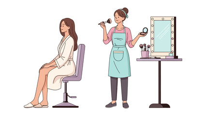 Young woman receiving professional makeup application from a skilled artist in a beauty salon setting with mirror and tools