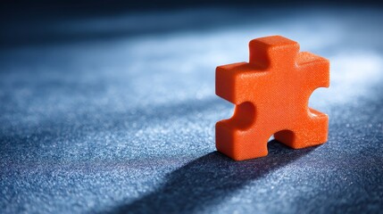 Bright orange puzzle piece isolated on vibrant blue textured background with soft shadows and ample space for text