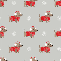 Cute dachshund puppy in winter costume seamless pattern and wallpaper. Christmas holidays background.