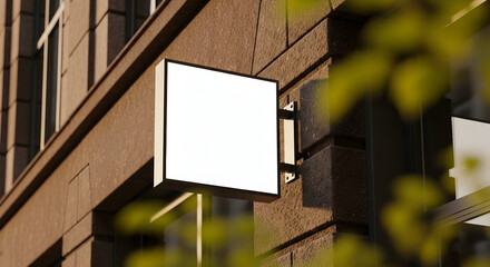 Blank square signage mockup on a brown brick building, perfect for your business branding and advertising needs, showcasing a clean and modern design aesthetic.