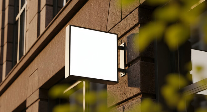 Blank square signage mockup on a brown brick building, perfect for your business branding and advertising needs, showcasing a clean and modern design aesthetic.