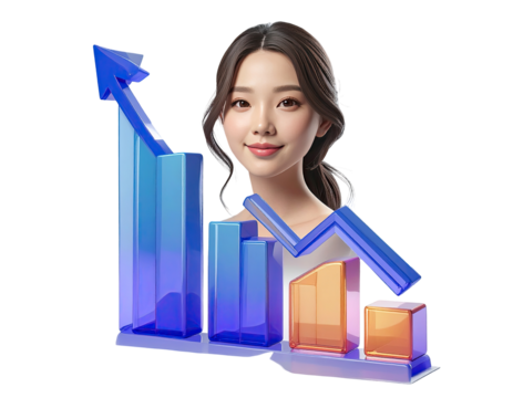 Smiling woman with rising and declining graphs