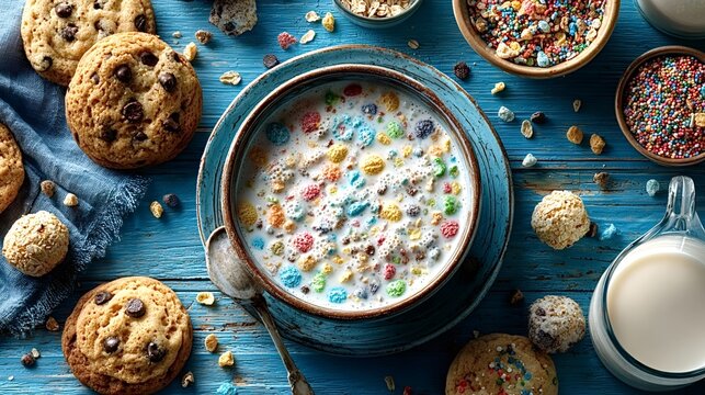 Colorful fruity pebbles cereal with milk sits in a bowl on a vibrant blue wooden table, surrounded by chocolate chip cookies, puffed rice treats, and sprinkles