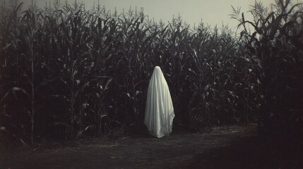A ghostly figure draped in white fabric standing in front of a dark cornfield at night time