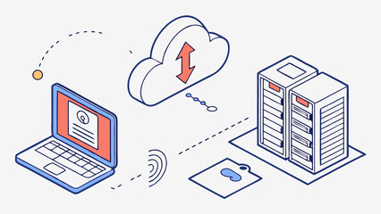 Fototapeta premium Isometric Illustration of Cloud Computing Data Transfer and Secure Server Access.