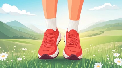 Bright Red Sneakers on a Person Standing in a Green Meadow