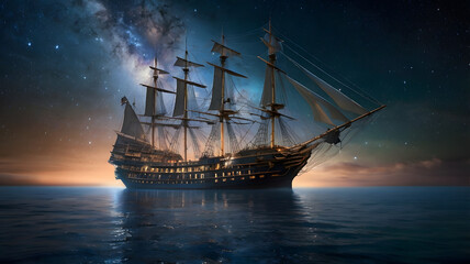 Fototapeta premium An ancient galleon sails through a tranquil sea under a breathtaking, star-filled nebula sky at night