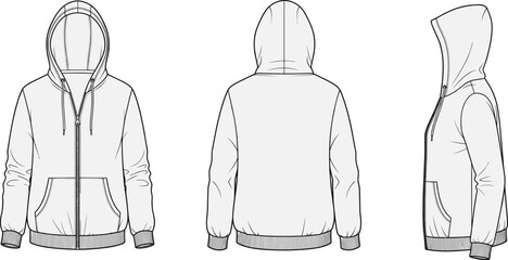 Blank zip up hoodie vector template outline, front back and side view sweatshirt mockup with hood and pockets unisex casual apparel clothing fashion design © Ashik Creatives