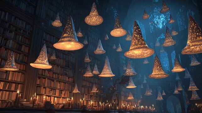 Illuminated wizard hats float above bookshelves and candles in a magical library setting at night