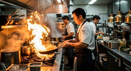 Chefs in a busy commercial kitchen intensely preparing food with flames erupting from a pan on a gas stove