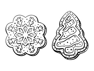 Christmas cookies in black and white line art style, perfect for coloring pages, New Year celebrations and holiday themed projects.