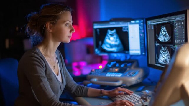 Woman doctor examining an ultrasound image: A dedicated female doctor intently focuses on ultrasound images displayed on dual monitors, analyzing them with precision and expertise.