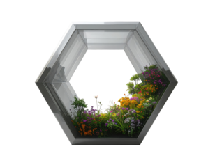Hexagonal planter, glass-like, showcasing colorful flowers