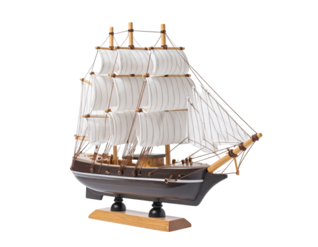 Wooden sailing ship model, dark brown hull, white sails, light-colored base