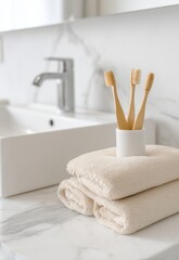 Eco-friendly bathroom essentials featuring bamboo toothbrushes, cotton towels, luxury spa design, natural light, and modern interior style.