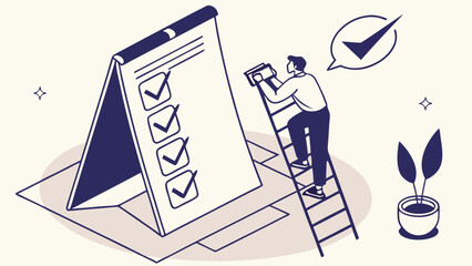 Isometric Illustration of Person Checking Items on a Checklist on a Large Easel.
