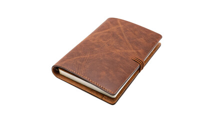 Leather notebook resting on a table with a smooth finish, showcasing craftsmanship and style On a transparent background
