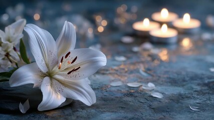 A solitary lily and flickering tea lights on a rough gray surface evoke a poignant scene of personal mourning and tribute.
