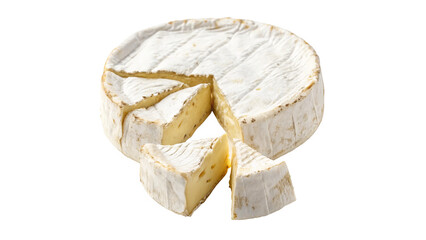 Creamy cheese wheel with sliced pieces displayed On a transparent background