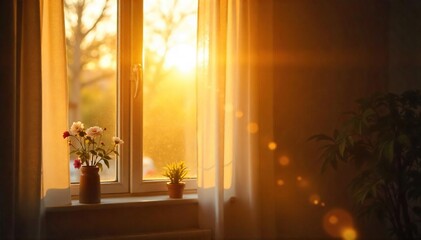 Golden hour sunlight streams through a window, illuminating dust motes dancing in the warm, lazy rays of a Sunday morning  Perfect for relaxation and peaceful vibes ,  soft,  nature