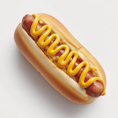 A top view of a round craft paper food bowl showcasing a grilled handmade Italian sausage nestled in a toasted bun. The sandwich is topped with a generous drizzle of zesty mustard sauce. Slight char m