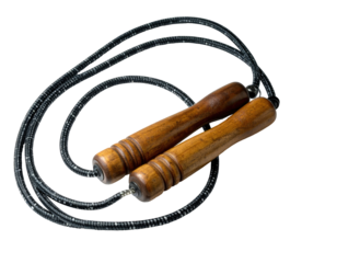 Close-up of a jump rope with wooden handles