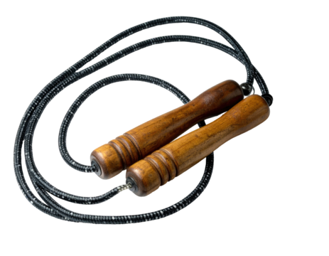 Close-up of a jump rope with wooden handles