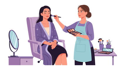 Professional makeup artist applying cosmetics to a client sitting in a chair with a mirror and makeup kit
