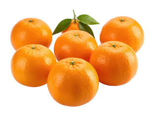 Group of ripe, round oranges, vibrant orange color, glossy skin, some leaves on top