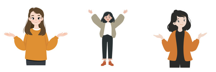 Three women showcase varying expressions in a cheerful setting. Each woman uses open hands and different clothing styles to convey positivity and engagement.