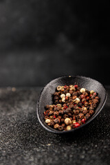 Peppers peas seasoning mix spices types of peas white, black, green, pink spices tasty snack fresh delicious gourmet food background on the table rustic top view copy space