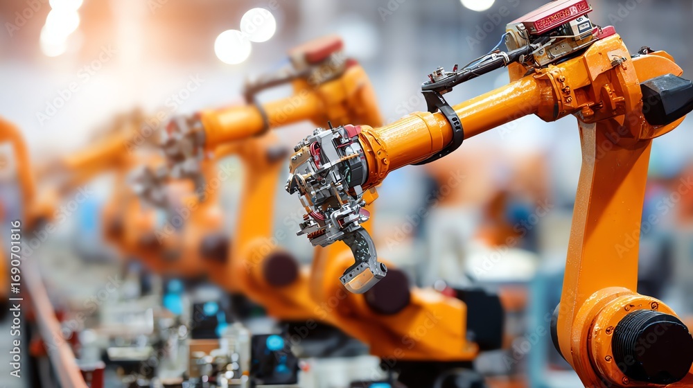 Poster a series of orange robotic arms work in unison on an assembly line, showcasing the precision and eff