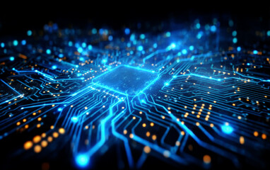 High-tech Circuit Board with Glowing Blue Lines and Components