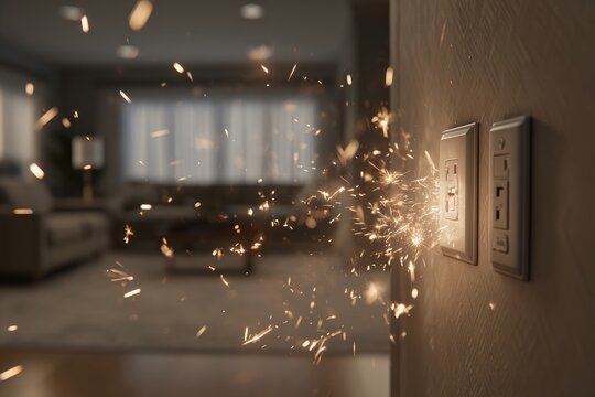 An electrical outlet with a short circuit produces a fire hazard, characterized by electrical discharge and smoke, emphasizing the need to address safety concerns and potential dangers associated