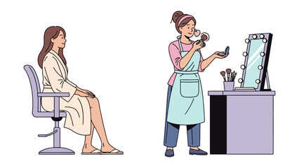 Professional makeup artist applying cosmetics to a client sitting in a salon chair in front of a mirror
