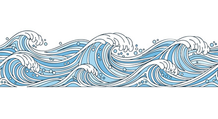 A seamless horizontal banner of stylized ocean waves in a traditional Japanese art style, featuring intricate blue and white line work on a white background. © Alfarizi