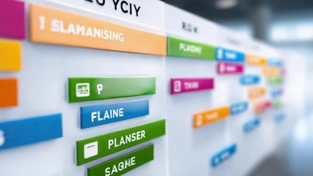 Strategic Workflow: A close-up shot showcases a structured planning board filled with organized color-coded labels and meticulous arrangements, perfectly illustrating efficiency, planning.