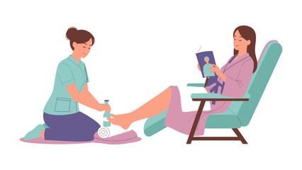 A woman relaxing in a comfortable chair receiving a professional pedicure treatment from a skilled technician in a spa setting