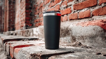 Obraz premium Sleek black insulated tumbler rests on textured brick surface, perfect for branding and lifestyle shots