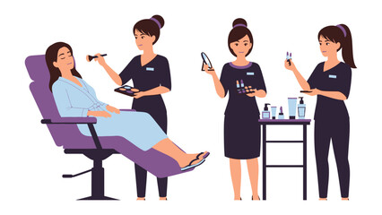 Obraz premium Professional makeup artists applying cosmetics to a client in a beauty salon showcasing a variety of makeup products and tools