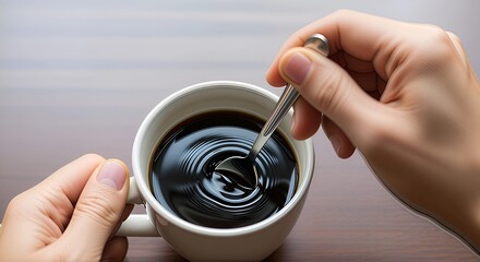 Close-up of a person's hands stirring a cup of hot black coffee with a spoon, creating ripples in the dark liquid, perfect for morning routines and beverage-related themes
