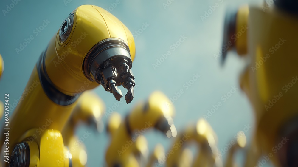 Poster a close-up view showcases a cluster of bright yellow robotic arms, suggesting automated precision an