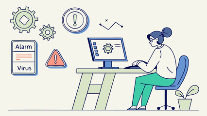 Person working on computer virus alert system error troubleshooting technology problem digital security online safety software issue computer maintenance technical support IT help problem solving dat.