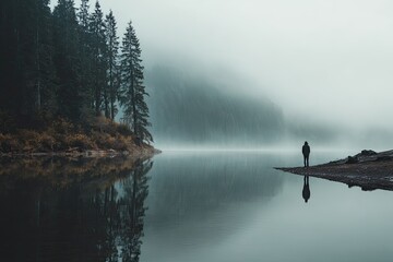 Misty lake with solitary figure