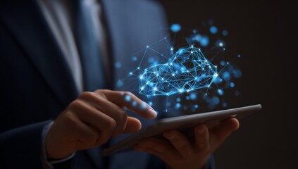 A tablet is being held by someone, showing a digital illustration of cloud computing, where cloud tech is visualized on the screen, and this represents the modern business use of cloud services that