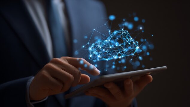 A tablet is being held by someone, showing a digital illustration of cloud computing, where cloud tech is visualized on the screen, and this represents the modern business use of cloud services that